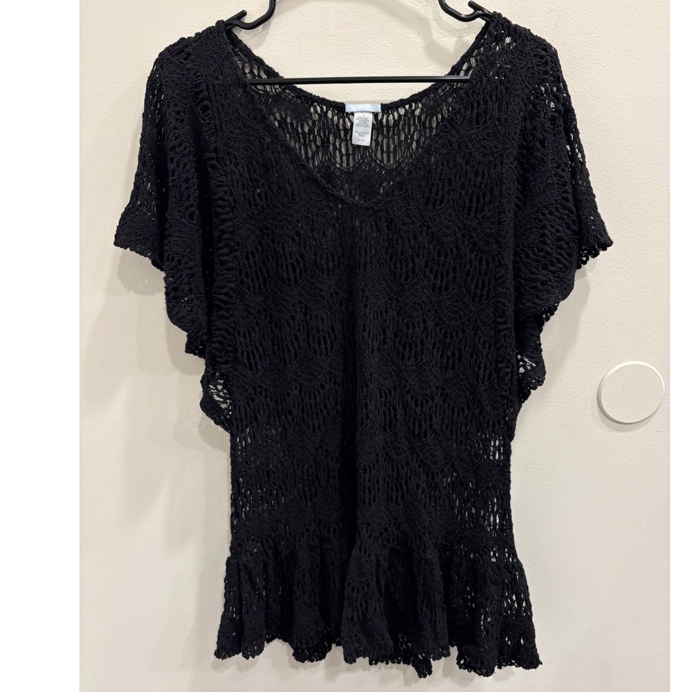 Eberjey Black Crochet Knit Ruffle Hem Swim Cover Up Tunic S/M Boho Resort Wear